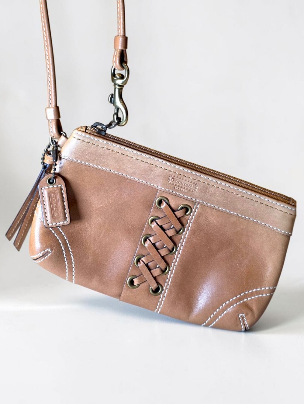 Coach Light Brown Leather Wristlet with Lace Detail